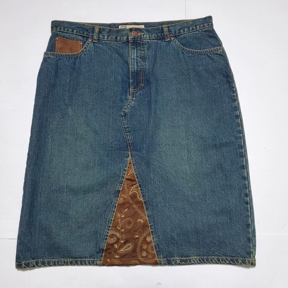 Y2K FADED GLORY Patchwork Paisley Denim Skirt Size 14 Mixed Media Boho Womens
